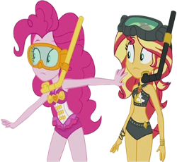 Size: 2738x2520 | Tagged: safe, edit, edited screencap, editor:homersimpson1983, screencap, pinkie pie, sunset shimmer, human, equestria girls, g4, background removed, bikini, clothes, cute, duo, duo female, female, not a vector, shimmerbetes, simple background, snorkel, swimsuit, transparent background
