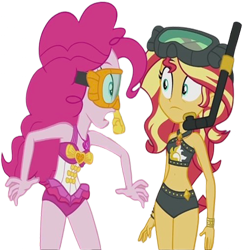 Size: 2449x2520 | Tagged: safe, edit, edited screencap, editor:homersimpson1983, screencap, pinkie pie, sunset shimmer, human, equestria girls, g4, background removed, bikini, clothes, cute, duo, duo female, female, not a vector, shimmerbetes, simple background, snorkel, swimsuit, transparent background