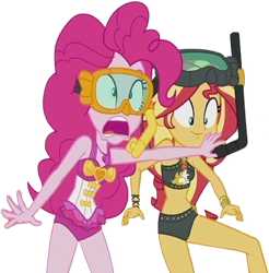 Size: 2475x2520 | Tagged: safe, edit, edited screencap, editor:homersimpson1983, screencap, pinkie pie, sunset shimmer, human, equestria girls, g4, my little pony equestria girls: better together, unsolved selfie mysteries, background removed, bikini, clothes, cute, duo, duo female, female, not a vector, one-piece swimsuit, pinkie pie swimsuit, shimmerbetes, simple background, snorkel, sunset shimmer swimsuit, swimsuit, transparent background