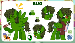 Size: 1200x689 | Tagged: safe, artist:jennieoo, oc, oc:bug, insect, monster pony, original species, pegasus, pony, rhinoceros beetle, spiderpony, beard, commission, facial hair, female to male, happy, laughing, looking at you, male, moustache, pride, pride flag, reference sheet, rule 63, sad, simple background, smiling, smiling at you, solo, stallion, tongue out, transgender, transgender pride flag, vector