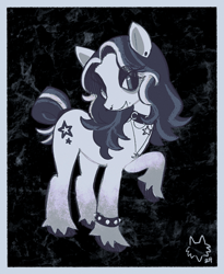 Size: 608x742 | Tagged: safe, artist:thrivinghigh, oc, oc only, oc:black sterling, earth pony, pony, abstract background, bags under eyes, beauty mark, border, choker, coat markings, colored hooves, colored pinnae, concave belly, ear piercing, earring, earth pony oc, eye clipping through hair, eyeshadow, female, gray mane, gray tail, jewelry, lidded eyes, long mane, looking down, makeup, mare, multicolored mane, necklace, nose piercing, piercing, ponysona, raised hoof, septum piercing, short tail, signature, smiling, socks (coat markings), solo, spiked wristband, standing, tail, tied tail, unshorn fetlocks, wavy mane, white coat, wingding eyes, wristband