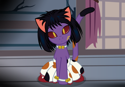 Size: 3284x2300 | Tagged: safe, artist:badumsquish, derpibooru exclusive, cat, cat pony, monster pony, original species, pony, g4, bell, bell collar, bracelet, choker, clothes, collar, dark, female, head tilt, house, jewelry, looking at you, mare, necklace, nekonelle, polka dots, ponified, raised tail, red eyes, sailor moon (series), shoes, show accurate, sitting, skirt, socks, solo, stockings, tail, thigh highs