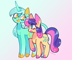 Size: 1060x890 | Tagged: safe, artist:sillyp0ne, bon bon, lyra heartstrings, sweetie drops, earth pony, pony, unicorn, g4, adorabon, big ears, blue coat, blue eyes, blue mane, blushing, colored hooves, colored mouth, colored pinnae, colored tongue, countershading, curly mane, curly tail, curved horn, cute, duo, duo female, ear fluff, eye clipping through hair, eyebrows, eyebrows visible through hair, eyelashes, female, gradient background, height difference, horn, leonine tail, lesbian, long horn, long legs, long mane, looking at each other, looking at someone, lyrabetes, mare, no pupils, physique difference, raised hoof, ship:lyrabon, shipping, signature, smiling, smiling at each other, tail, teal coat, thin legs, two toned mane, two toned tail, unshorn fetlocks, yellow coat, yellow eyes, yellow tongue