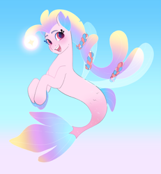 Size: 2333x2525 | Tagged: safe, artist:aztrial, destiny (g5), seapony (g4), g5, my little pony: tell your tale, the blockywockys, spoiler:g5, spoiler:my little pony: tell your tale, spoiler:tyts02e00, bioluminescent, blue background, blushing, crepuscular rays, cute, digital art, dorsal fin, eyelashes, female, fin, fin wings, fins, fish tail, floppy ears, flowing mane, flowing tail, happy, looking at you, ocean, open mouth, open smile, pink eyes, scales, simple background, smiling, smiling at you, solo, sunlight, swimming, tail, underwater, water, wings