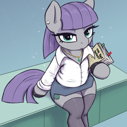 Size: 3000x3000 | Tagged: safe, artist:t72b, maud pie, earth pony, pony, g4, alternate clothes, button-up shirt, clothes, desk, ear piercing, earring, eyeshadow, female, hips, hoof hold, jewelry, lidded eyes, looking at you, looking up, looking up at you, makeup, mare, necklace, office lady, piercing, shirt, shoes, side slit, simple background, sitting, skirt, socks, stockings, thigh highs, waifu material