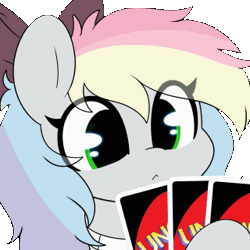 Size: 320x320 | Tagged: safe, artist:sakukitty, oc, oc only, oc:blazey sketch, pegasus, animated, bow, clothes, gif, hair bow, playing card, simple background, smiling, smirk, solo, sweater, transparent background, uno, uno reverse card