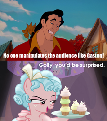 Size: 679x763 | Tagged: safe, screencap, cozy glow, pegasus, frenemies (episode), g4, beauty and the beast, caption, cupcake, female, filly, foal, food, fourth wall, gaston legume, golly, image macro, text