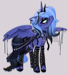 Size: 2459x2722 | Tagged: source needed, useless source url, safe, artist:peachmichea, princess luna, alicorn, pony, g4, beads, black dress, choker, closed mouth, clothes, cross, cross necklace, crown, dress, ear piercing, earring, ears back, eye clipping through hair, eyebrow piercing, eyeliner, eyeshadow, female, frown, goth, gothic, gray background, jewelry, lidded eyes, makeup, mare, necklace, partially open wings, piercing, regalia, s1 luna, simple background, solo, spread wings, standing, tiara, wing jewelry, wings