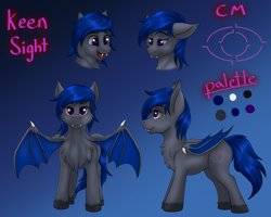 Size: 2000x1600 | Tagged: safe, artist:crimsonwolf360, oc, oc only, oc:keen sight, bat pony, pony, bat pony oc, blue mane, blue tail, blue wings, claw, color palette, concave belly, cutie mark, fangs, folded wings, gradient background, gray coat, happy, hooves, male, purple eyes, reference sheet, sad, solo, spread wings, stallion, sternocleidomastoid, tail, wings