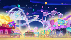 Size: 2160x1215 | Tagged: safe, screencap, bird, g5, my little pony: tell your tale, the blockywockys, spoiler:g5, spoiler:my little pony: tell your tale, spoiler:tyts02e00, amusement park, background, balloon, boardtrot, booth, ferris wheel, night, no pony, roller coaster