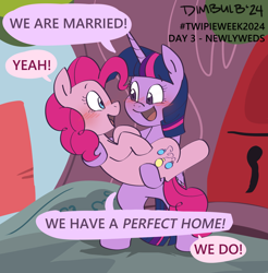 Size: 1604x1628 | Tagged: safe, artist:dimbulb, pinkie pie, twilight sparkle, earth pony, pony, unicorn, g4, blushing, bridal carry, carrying, duo, female, golden oaks library, horn, lesbian, looking at each other, looking at someone, married, married couple, ship:twinkie, shipping, smiling, smiling at each other, standing, unicorn twilight