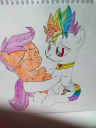 Size: 3000x4000 | Tagged: safe, artist:melodious, scootaloo, pegasus, pony, g4, dragon ball, drawing, duo, duo female, embrace, female, filly, foal, mare, multicolored hair, rainbow hair, scootalove, siblings, sisters, smiling, super rainbow dash, super saiyan, traditional art