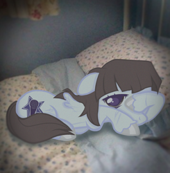 Size: 2475x2521 | Tagged: safe, artist:plinky, oc, oc only, bed, covering face, disabled, in bed, injured, original art, ponysona, sleepy, solo, wingless