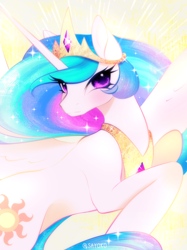 Size: 2584x3456 | Tagged: safe, artist:mix2546, princess celestia, alicorn, pony, g4, blushing, concave belly, eye clipping through hair, female, high res, looking at you, mare, slender, solo, spread wings, thin, wings