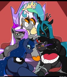 Size: 894x1024 | Tagged: safe, artist:droll3, edit, king sombra, princess celestia, princess luna, queen chrysalis, oc, oc:lunar eclipse, oc:nettle kiss, alicorn, pony, g4, butt, female, harem, licking, licking lips, lidded eyes, male, mare, plot, queen umbra, recolor, rule 63, stallion, tongue out