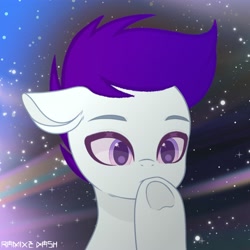 Size: 3600x3600 | Tagged: safe, artist:ramixe dash, oc, oc only, oc:ramixe dash, pegasus, pony, g5, base used, galaxy, magenta eyes, male, purple hair, screencap background, solo, stallion, stars, text, watermark