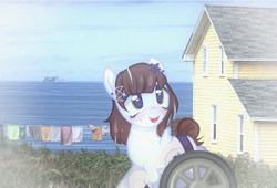 Size: 2048x1395 | Tagged: safe, artist:plinky, oc, oc only, original species, wheelpone, beach, disabled, happy, original art, ponysona, scar, smiling, solo, wheelchair