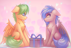 Size: 3000x2000 | Tagged: safe, artist:adagiostring, oc, oc only, bat pony, pegasus, pony, bat pony oc, bat wings, couple, cute, duo, female, floppy ears, group, heart, in love, looking at each other, looking at someone, love, male, mare, pegasus oc, present, profile, side view, signature, sitting, smiling, smiling at each other, sparkles, sparkly eyes, stallion, tail, wingding eyes, wings