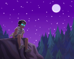 Size: 1200x968 | Tagged: safe, artist:sapphiregamgee, oc, oc:calypso kiosko, equestria girls, g4, clothes, commission, diamond dudes, forest, glowing, glowing eyes, hawaiian shirt, moon, nature, night, shirt, stars, tree