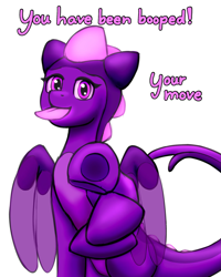 Size: 1283x1600 | Tagged: safe, artist:firestarsartdump, oc, oc only, oc:mia cadensstella, dragon, boop, claws, dialogue, dragoness, female, glowing, simple background, solo, tongue out, white background