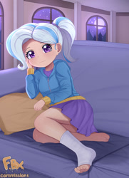 Size: 828x1143 | Tagged: safe, artist:focusb, trixie, human, g4, blushing, cast, clothes, couch, cute, diatrixes, eyebrows, eyebrows visible through hair, female, humanized, leg cast, looking at you, pigtails, smiling, solo, twintails, younger