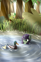 Size: 1365x2048 | Tagged: safe, artist:phoenixswift, oc, oc only, oc:ripple, bird, duck, merpony, pony, unicorn, fanfic:the one who got away, cover art, duckling, fanfic art, female, filly, foal, forest, horn, nature, open mouth, smiling, solo, swimming, tree, water