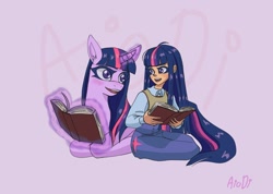 Size: 1520x1080 | Tagged: safe, artist:aioniadiafonia, twilight sparkle, human, pony, unicorn, g4, book, duo, duo female, female, human ponidox, humanized, levitation, looking at each other, looking at someone, looking back, looking back at each other, lying down, magic, mare, open mouth, open smile, prone, purple background, self paradox, self ponidox, signature, simple background, sitting, smiling, smiling at each other, telekinesis, unicorn twilight