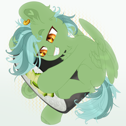 Size: 2500x2500 | Tagged: safe, artist:medkit, oc, oc only, oc:light touch, pegasus, pony, adam's apple, chest fluff, chibi, colored ear fluff, colored eyebrows, colored eyelashes, colored hooves, colored lineart, colored pupils, cucumber, ear fluff, ear piercing, earring, ears up, eye clipping through hair, eyebrows, eyebrows visible through hair, eyes open, fangs, feathered wings, food, full body, gold, gradient background, green coat, gritted teeth, heart ears, heart shaped, high res, horseshoes, hug, in air, jewelry, leg fluff, lightly watermarked, looking at something, male, micro, orange eyes, paint tool sai 2, partially open wings, pegasus oc, piercing, raised eyebrows, raised leg, rice, screentone, sharp teeth, short mane, short tail, shoulder fluff, signature, smiling, smol, solo, stallion, striped mane, striped tail, sushi, tail, teeth, three quarter view, two toned mane, two toned tail, underhoof, wall of tags, watermark, wingding eyes, wings