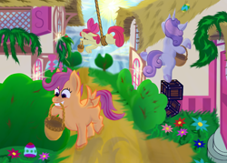 Size: 1050x750 | Tagged: safe, artist:lukasz, apple bloom, scootaloo, sweetie belle, earth pony, pegasus, pony, unicorn, g4, cutie mark crusaders, easter, easter egg, holiday, horn