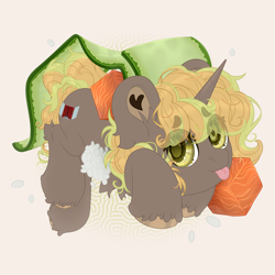 Size: 2500x2500 | Tagged: safe, artist:medkit, oc, oc only, oc:venseyness, fish, pony, salmon, unicorn, :p, brown coat, chest fluff, chibi, colored ear fluff, colored eyebrows, colored eyelashes, colored hooves, colored lineart, colored pupils, cucumber, curly mane, curly tail, ear fluff, ears up, eye clipping through hair, eyebrows, eyebrows down, eyebrows visible through hair, food, full body, green eyes, heart ears, heart shaped, horn, in air, leg fluff, lightly watermarked, looking at you, lying down, male, micro, orange mane, orange tail, paint tool sai 2, ponies in food, prone, raised leg, rice, screentone, short mane, short tail, signature, simple background, smiling, smol, solo, stallion, tail, three quarter view, tongue out, two toned mane, two toned tail, unicorn oc, unshorn fetlocks, watermark