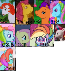 Size: 1230x1344 | Tagged: safe, edit, edited screencap, screencap, bon bon (g1), fluttershy, jazz hooves, paradise, rainbow dash, rainbow dash (g3), zipp storm, earth pony, pegasus, pony, baby critters, g1, g2, g3, g3.5, g4, g4.5, g5, my little pony tales, my little pony: a new generation, my little pony: friendship gardens, my little pony: pony life, my little pony: tell your tale, twinkle wish adventure, zound off, spoiler:g5, spoiler:my little pony: tell your tale, spoiler:tyts01e32, bag, chibi, comparison, female, folded wings, frown, generation leap, looking at you, looking down, looking up, mare, remake, side view, smiling, surprised, text, wings