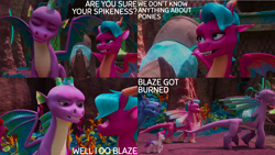 Size: 2000x1125 | Tagged: safe, edit, edited screencap, editor:quoterific, screencap, blaize skysong, fountain (g5), spike, zipp storm, g5, my little pony: make your mark, my little pony: make your mark chapter 6, the isle of scaly, dragon lord spike, spike (g5)