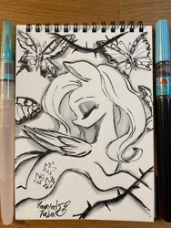 Size: 1536x2048 | Tagged: safe, artist:hauntedtuba, fluttershy, butterfly, pegasus, pony, g4, eyes closed, monochrome, solo, traditional art