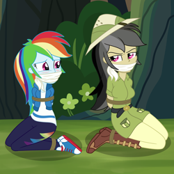 Size: 2000x2000 | Tagged: safe, artist:nie-martw-sie-o-mnie, daring do, rainbow dash, human, daring don't, equestria girls, g4, blushing, bondage, boots, bound and gagged, cloth gag, converse, forest, gag, hat, jungle, kneeling, nature, pith helmet, rope, rope bondage, shoes, tied up, tree