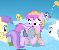 Size: 1332x1130 | Tagged: safe, artist:anonymous, alula, cheery, cotton cloudy, mango dash, pluto, tornado bolt, human, pegasus, pony, g4, /ptfg/, age regression, clothes, cloud, eye color change, female, filly, flag, flag pole, foal, human to pony, mid-transformation, on a cloud, open mouth, shirt, shorts, standing on a cloud, transformation, younger