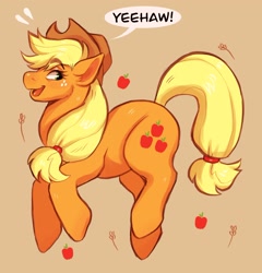 Size: 1436x1493 | Tagged: safe, artist:moth_sprout, applejack, earth pony, pony, g4, blonde mane, blonde tail, brown background, female, full body, mare, open mouth, open smile, orange coat, simple background, smiling, solo, speech bubble, tail, text, yeehaw