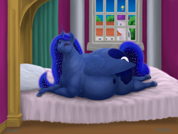 Size: 1200x900 | Tagged: safe, artist:soobel, princess luna, alicorn, pony, g4, bed, bedroom eyes, belly, big belly, chubby cheeks, ethereal mane, fat, female, looking at you, lying down, mare, neck roll, obese, on bed, princess moonpig, prone, solo, starry mane, starry tail, tail, thick, window