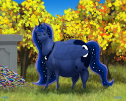Size: 1200x960 | Tagged: safe, artist:soobel, princess luna, alicorn, pony, mlp fim's twelfth anniversary, g4, autumn, belly, big belly, candies, ethereal mane, fat, female, mare, nightmare night, obese, princess moonpig, smiling, solo, starry mane, starry tail, tail