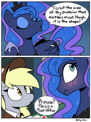 Size: 2100x2821 | Tagged: safe, artist:icey, derpy hooves, princess luna, alicorn, pegasus, pony, g4, blushing, butt, comic, duo, embarrassed, ethereal mane, eyes closed, female, folded wings, horn, mailmare, mare, meme, moonbutt, open mouth, post office, sir this is a wendy's, speech bubble, starry mane, starry tail, tail, that pony sure does love the post office, wings