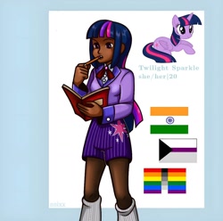 Size: 1154x1144 | Tagged: safe, artist:calmshifter2023, twilight sparkle, alicorn, human, pony, g4, asexual, asexual pride flag, book, clothes, coat, dark skin, female, humanized, india, indian, leg warmers, mare, pencil, pride, pride flag, shirt, shorts, solo, twilight sparkle (alicorn)