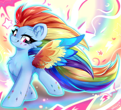 Size: 1600x1458 | Tagged: safe, artist:woonborg, rainbow dash, pegasus, pony, g4, body markings, chest fluff, ear fluff, female, mare, rainbow power, smiling, solo, spread wings, wings