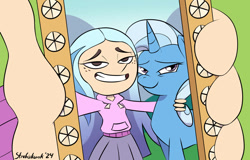 Size: 1117x715 | Tagged: safe, artist:strebiskunk, trixie, human, pony, unicorn, g4, andrea davenport, crossover, female, grin, horn, mare, selfie, smiling, smug, the ghost and molly mcgee