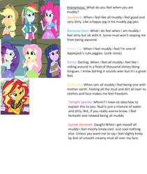 Size: 2559x3025 | Tagged: safe, artist:amateur-draw, edit, edited screencap, screencap, fluttershy, pinkie pie, rainbow dash, rarity, sunset shimmer, twilight sparkle, human, equestria girls, g4, clothes, female, implied messing, implied mud, implied mud bath, implied wet and messy, mud, muddy, q&a, skirt, wet and messy