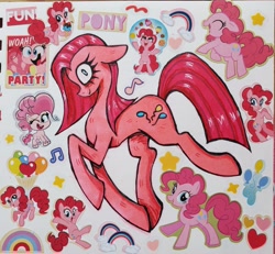 Size: 3267x3024 | Tagged: safe, artist:redactedhaunt, pinkie pie, earth pony, pony, g4, my little pony: friendship is magic, party of one, concave belly, pinkamena diane pie, slender, solo, sticker, thin, traditional art