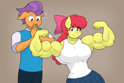 Size: 2346x1570 | Tagged: safe, artist:matchstickman, apple bloom, tender taps, earth pony, anthro, matchstickman's apple brawn series, g4, apple brawn, armpits, bicep flex, biceps, breasts, brown background, busty apple bloom, clothes, duo, female, flexing, looking at you, male, mare, meme, muscles, muscular female, older, older apple bloom, older tender taps, ponified meme, shipping, simple background, stallion, straight, tenderbloom