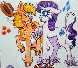 Size: 3429x3024 | Tagged: safe, artist:redactedhaunt, applejack, rarity, earth pony, pony, unicorn, g4, concave belly, duo, female, horn, lesbian, ship:rarijack, shipping, slender, sticker, thin, traditional art