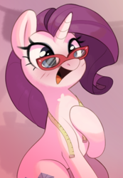 Size: 856x1236 | Tagged: safe, artist:nookprint, rarity, pony, unicorn, g4, female, glasses, horn, mare, measuring tape, open mouth, open smile, rarity's glasses, smiling, solo