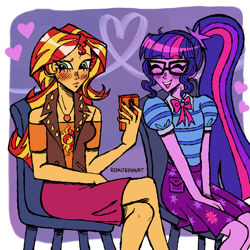 Size: 2000x2000 | Tagged: safe, artist:redactedhaunt, sci-twi, sunset shimmer, twilight sparkle, human, equestria girls, g4, duo, female, lesbian, ship:sci-twishimmer, ship:sunsetsparkle, shipping