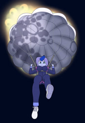 Size: 1900x2729 | Tagged: safe, artist:phallen1, princess luna, vice principal luna, human, equestria girls, g4, clothes, eclipse, female, from below, jumpsuit, parachute, pun, skydiver, skydiving, solar eclipse, solo, sun, visual pun