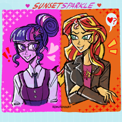 Size: 2000x2000 | Tagged: safe, artist:redactedhaunt, sci-twi, sunset shimmer, twilight sparkle, human, equestria girls, g4, clothes, crystal prep academy uniform, duo, female, lesbian, necktie, school tie, school uniform, schoolgirl, ship:sci-twishimmer, ship:sunsetsparkle, shipping